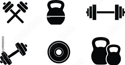 Fitness icons including dumbbells kettlebells and weight plates for exercise and workout routines