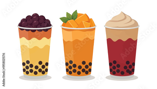 Bubble Tea Cup Vector Illustration Set with Tapioca Pearls, Colorful Flavors, Isolated Design for Beverage and Food Apps