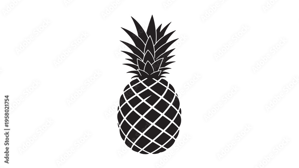 Obraz premium Pineapple black silhouette with spiky leaves and diamond-patterned body on a white background, graphic style