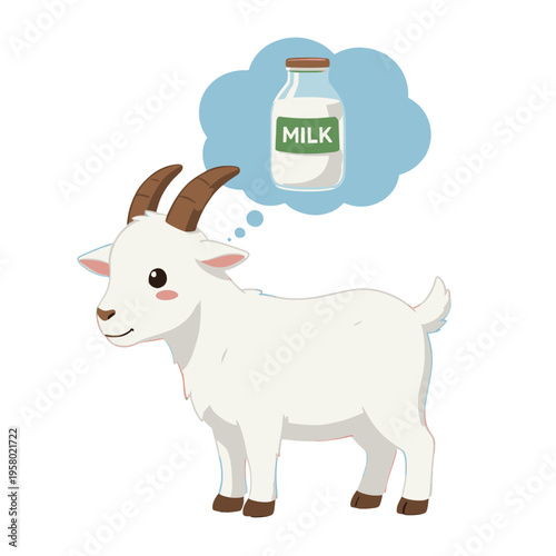 Cute Goat Thinking about Milk Bottle, Cartoon Vector Illustration for Kids and Education