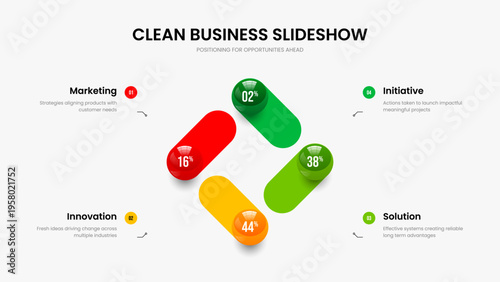 Clean Showcase 4 Option Chart Slide Layout. Marketing Analysis Four Element Infographic Frame Template. Market Campaign Slideshow Design Vector Illustration.