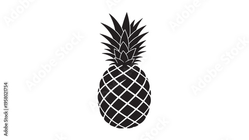 Pineapple black silhouette with spiky leaves and diamond-patterned body on a white background, graphic style