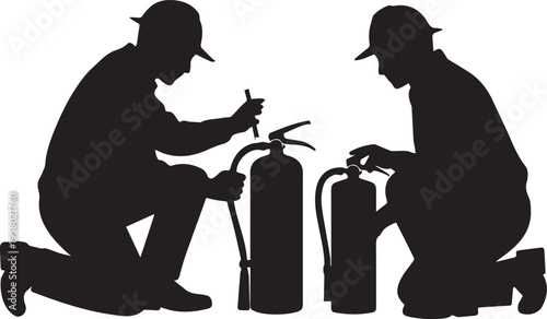 Silhouette of two workers inspecting fire extinguishers isolated on white background