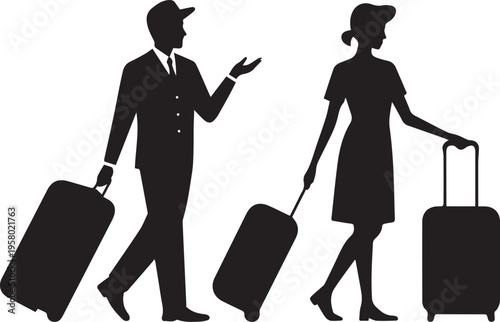 Silhouette of a man and woman walking with luggage isolated on white background