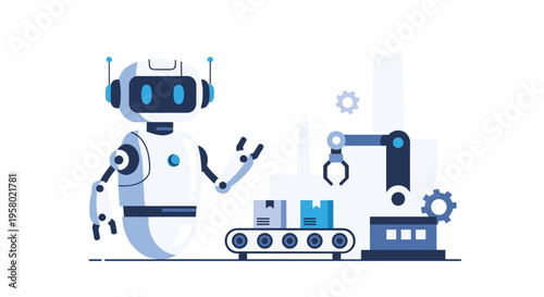 A white and blue humanoid robot stands by a conveyor belt with boxes and a robotic arm in an industrial setting.
