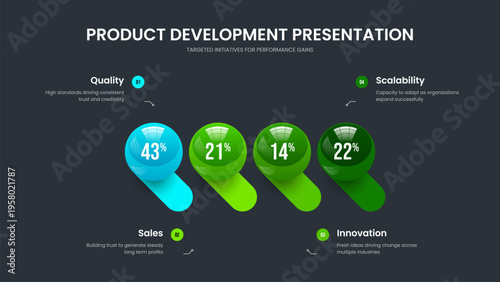 Colorful Strategy Four Element Graph Slide Template. Science Development 4 Step Diagram Slideshow Design. Elegant Overview Presentation Layout Vector Illustration.