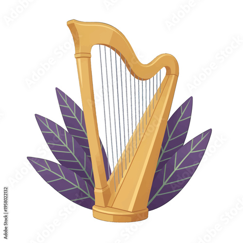 Golden Harp Illustration Vector, Elegant Musical Instrument with Laurel Leaves Design for Culture and Arts Themes