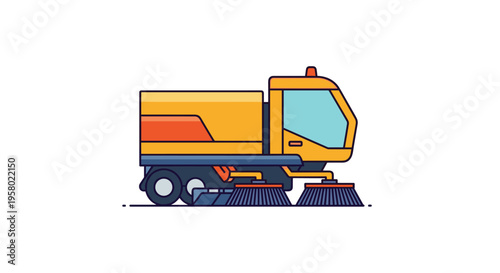 A cartoon yellow and orange street sweeper truck with blue brushes is depicted in side profile on a white background.