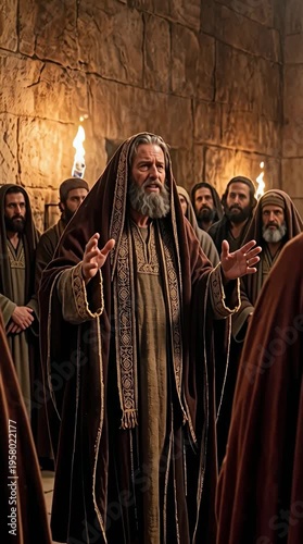 Caiaphas gesturing and prophesying in torchlight vertical video