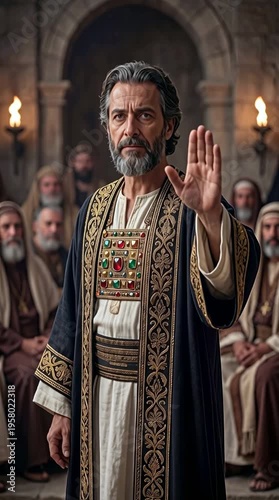 High priest Caiaphas standing to silence the council vertical video