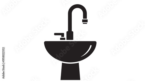 Sink with chrome faucet and pedestal base in a simple black and white vector illustration style. featuring plumbing, bathroom, kitchen with washbasin