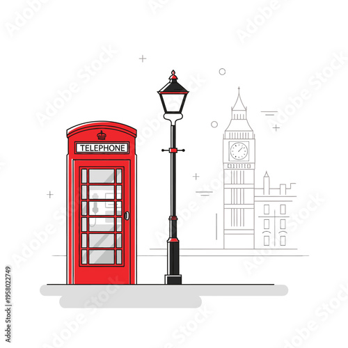 Iconic Red London Telephone Booth and Street Lamp.