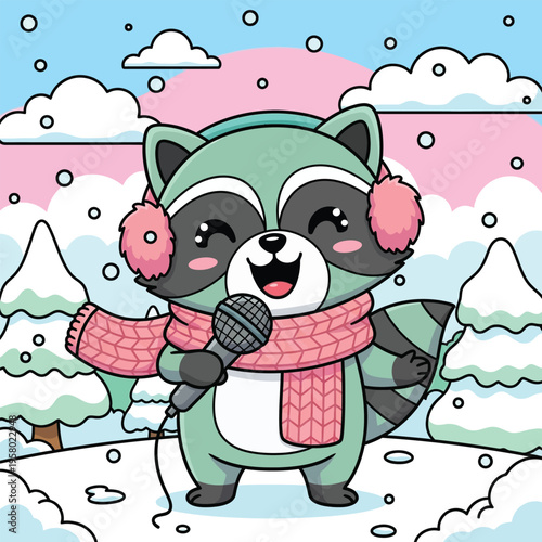 Cute Raccoon Singing with Microphone and Scarf.