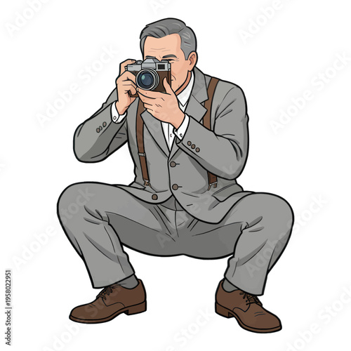 Photographer with Camera Taking Photo Vector Illustration, Professional Squatting Pose, Isolated Style for Creative Design