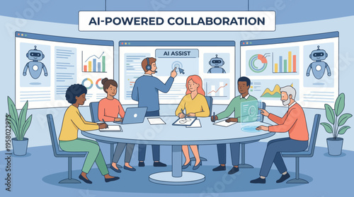 AI-powered business meeting collaboration with diverse team analyzing charts on screens