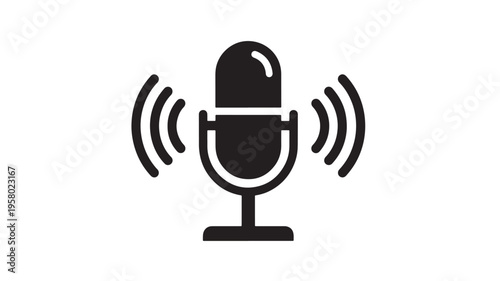 Microphone icon with sound waves radiating outward, symbolizing audio recording and broadcasting, simple and modern design.