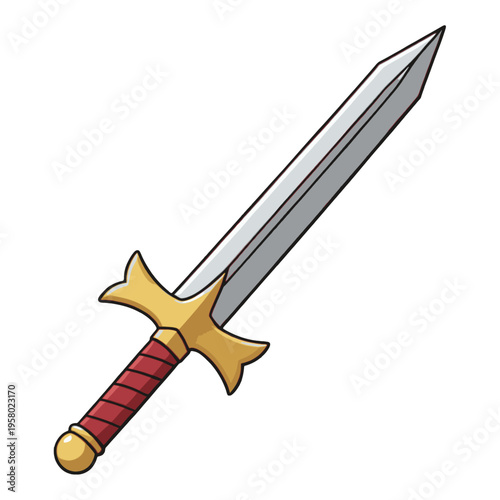 Sword Vector Illustration, Medieval Weapon Icon with Golden Hilt, Isolated for Game and Graphic Design