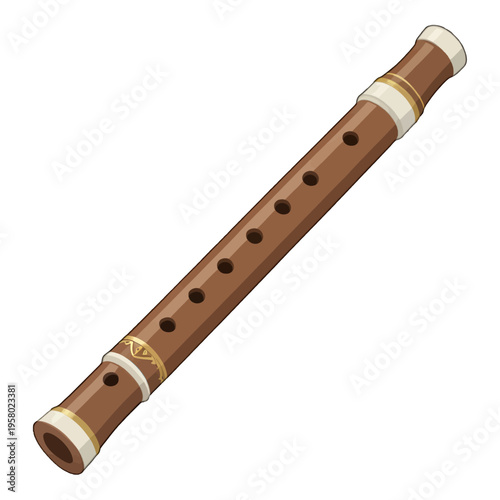 Traditional Wooden Flute Illustration Vector, Isolated Musical Instrument for Design and Cultural Projects