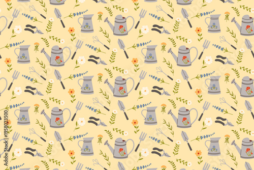Cottagecore Gardening Tools Seamless Pattern on Warm Yellow Background