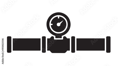 Pressure gauge on pipe with connecting pipes and gauge indicator for plumbing systems in a flat design style.