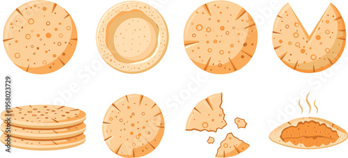 Middle Eastern Pita Bread Vector Icon Set with Round Flatbread, Pocket Pita, Stacked Tortillas, and Torn Pieces for Mediterranean Menu Designs
