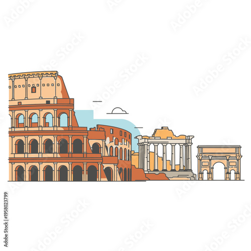 Iconic Roman Landmarks Skyline Illustration.