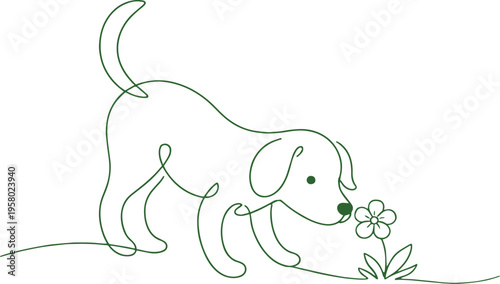 Minimalist Continuous Single Line Drawing of a Cute Puppy Smelling a Flower