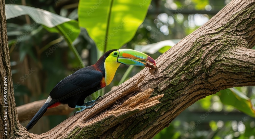 Fototapeta premium Vibrant Toucan Perched on a Branch in Lush Rainforest.