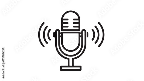 Microphone icon with sound waves radiating outwards, symbolizing audio broadcast or recording. featuring podcast, radio, speech with voice and