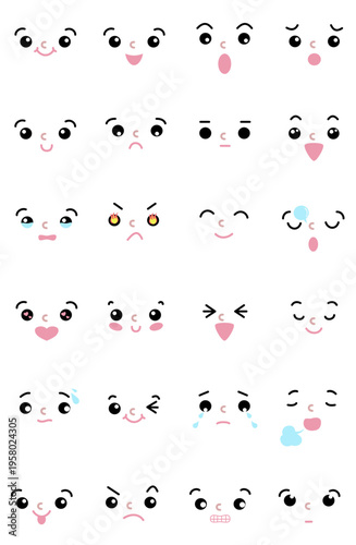 Kawaii Face Expression Set 24 Cute Emotion Icons Character Illustration