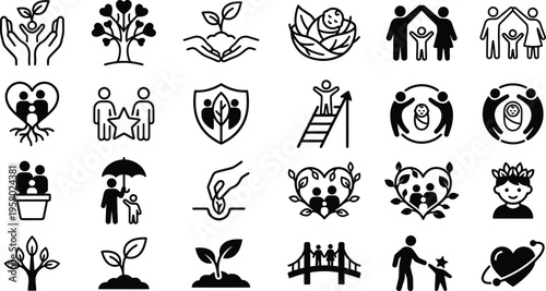 Global Day of Parents icon pack with minimalist black line vectors featuring family symbols, parent hands, child sprouts, hearts, trees, protection, and nurturing concepts.