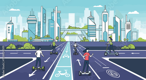 People riding electric scooters and hoverboards on city street.