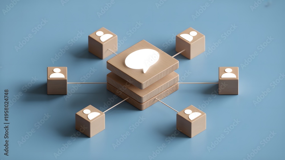 Fototapeta premium Conceptual social network with connected users and central message hub on light blue backg