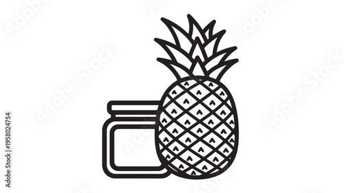 Pineapple icon next to a jar outline, symbolizing sweet tropical fruit preserves or homemade jam. featuring preserve, food, symbol with minimalist