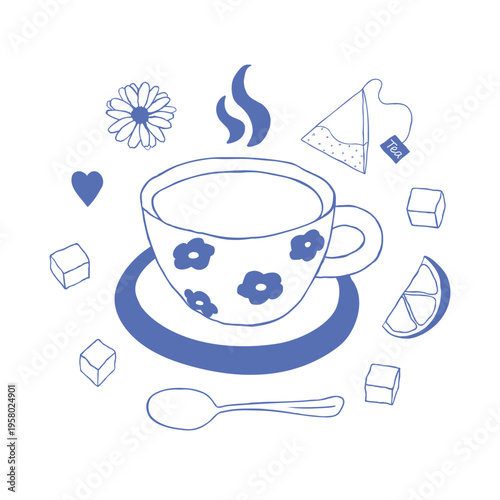 Whimsical hand drawn tea circle composition with teacup in the center and small kitchen elements arranged around it. Cute doodle illustration with lemon slices, chamomile flowers, sugar cubes, spoon a