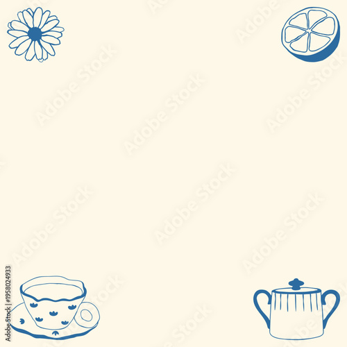 Whimsical hand drawn tea corner set with cozy tea elements arranged as decorative corner compositions. Cute doodle illustrations with teacup, lemon slice, chamomile flower and sugar bowl in Mediterran
