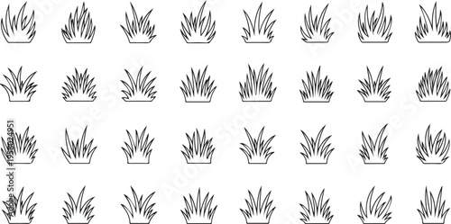 Grass line doodle. Outline grassland or meadow sketch, simple field design. Black grass brush stroke hand drawn texture for garden pattern or lawn. Herb marker vector isolated element