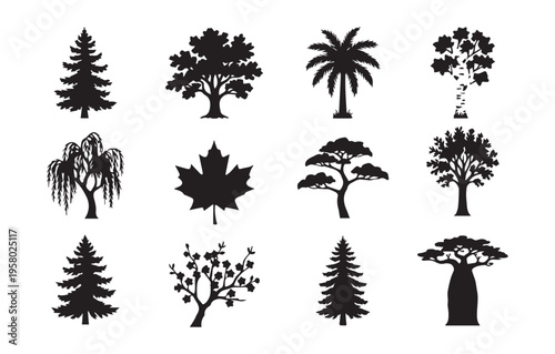 Trees Icon Set - 12 Minimalist Black Silhouette Icons for Nature Forest Environment Ecology
