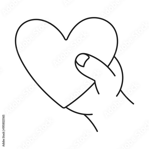 Minimalist doodle of hand touching heart. Simple line art vector isolated on white. Concept of emotion, connection, love and sensitivity.