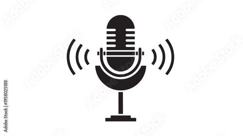 Microphone icon with sound waves emitting outward, symbolizing audio transmission and broadcasting. featuring broadcast, recording, podcasting with