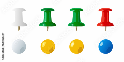 Colorful push pins and flat marker dots isolated on white background
