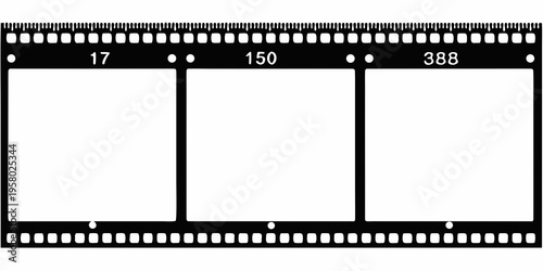 A black film negative strip with three empty frame spaces