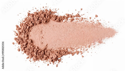 Crushed face powder makeup spread on white background, texture of beige cosmetic product for beauty, foundation, blush, or bronzer in flat lay composition