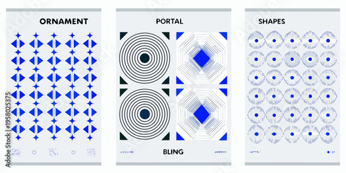 Abstract geometric designs ornament portal and shapes in blue tones