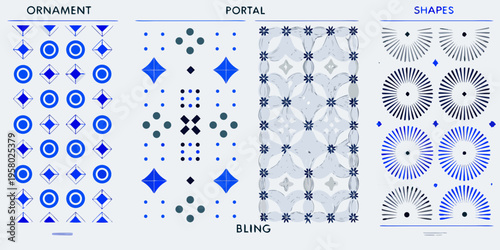 Abstract geometric patterns with blue shapes and ornate decorative elements