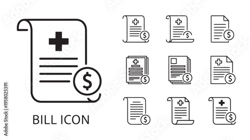 Bill icons depicting medical documents with dollar signs, symbolizing healthcare costs and financial transactions