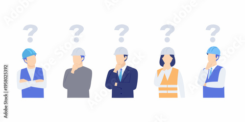 Diverse construction workers pondering questions above their heads