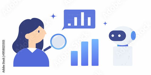 Woman and robot analyzing data represented by bar graphs and charts