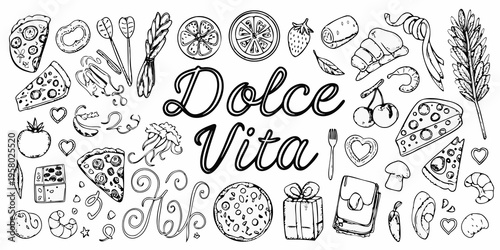 A hand drawn collection of sweets pastries fruits and decorative elements