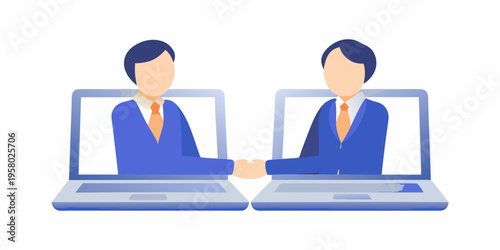 Two business people shaking hands virtually through laptop computer screens